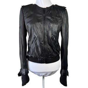 Alice + Olivia Monrow Leather Jacket Black Zip Up Moto Coat Women’s M Lamb Wool